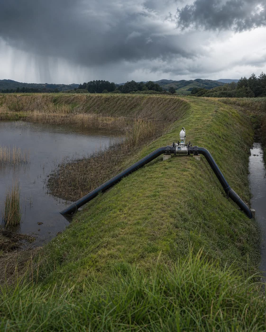 A Siphonic Transfer Unit crossing a grassed stopbank between a pond and a lower drain beneath a storm front.