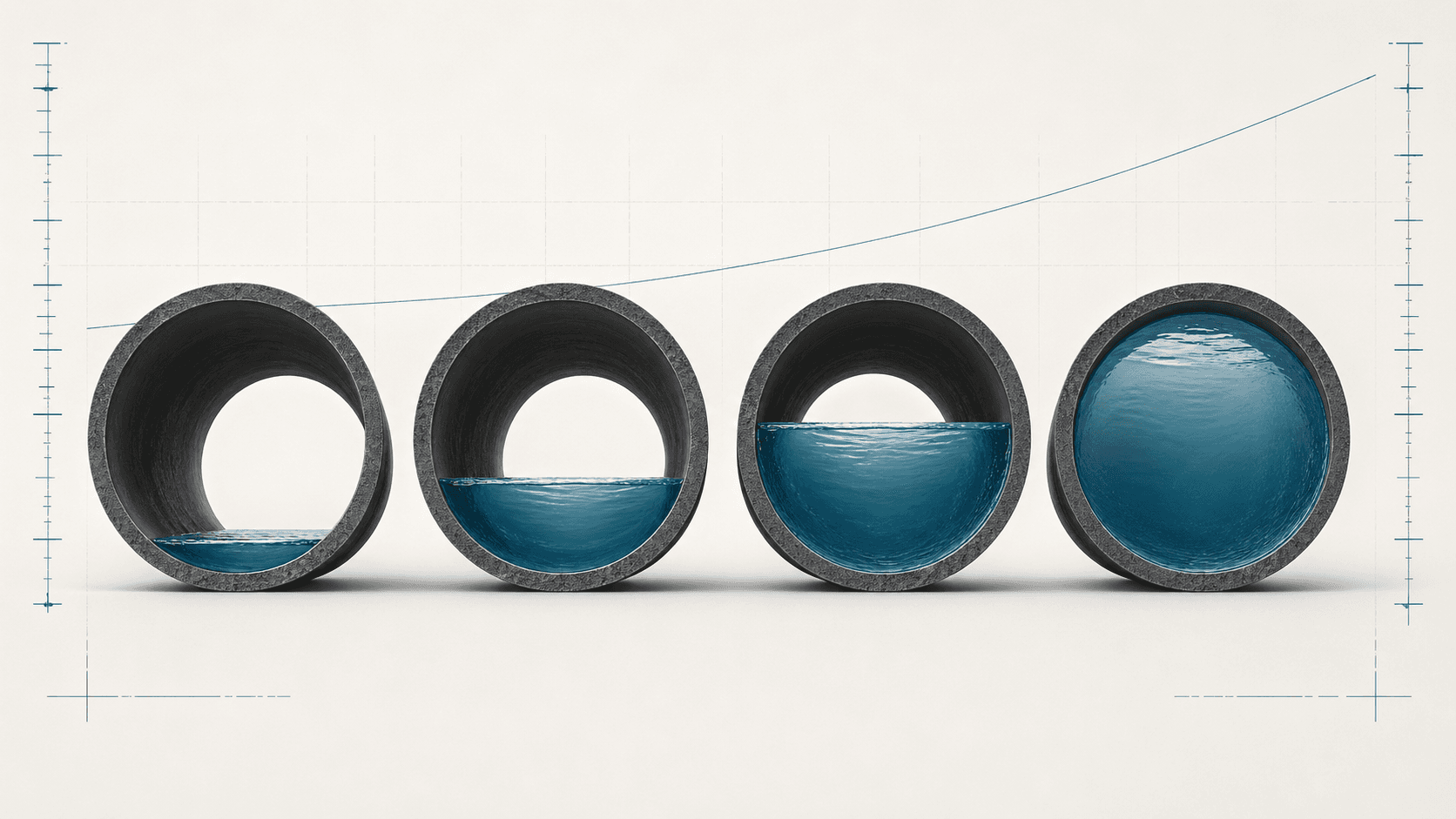Technical partial-flow pipe sequence showing 10 percent, 25 percent, 50 percent, and full-bore reference states.