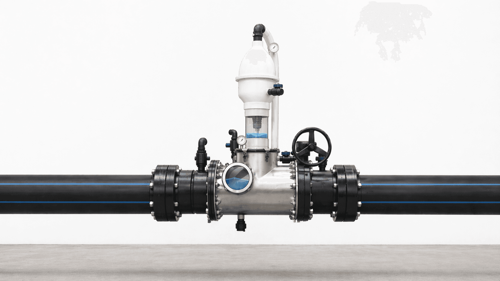 Water Siphon crest assembly showing the primer manifold, vacuum dome, gauge, and control valve.