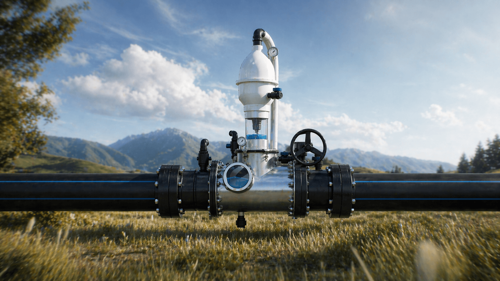 Water Siphon product visual in a grass field with the siphon manifold and HDPE pipe visible.