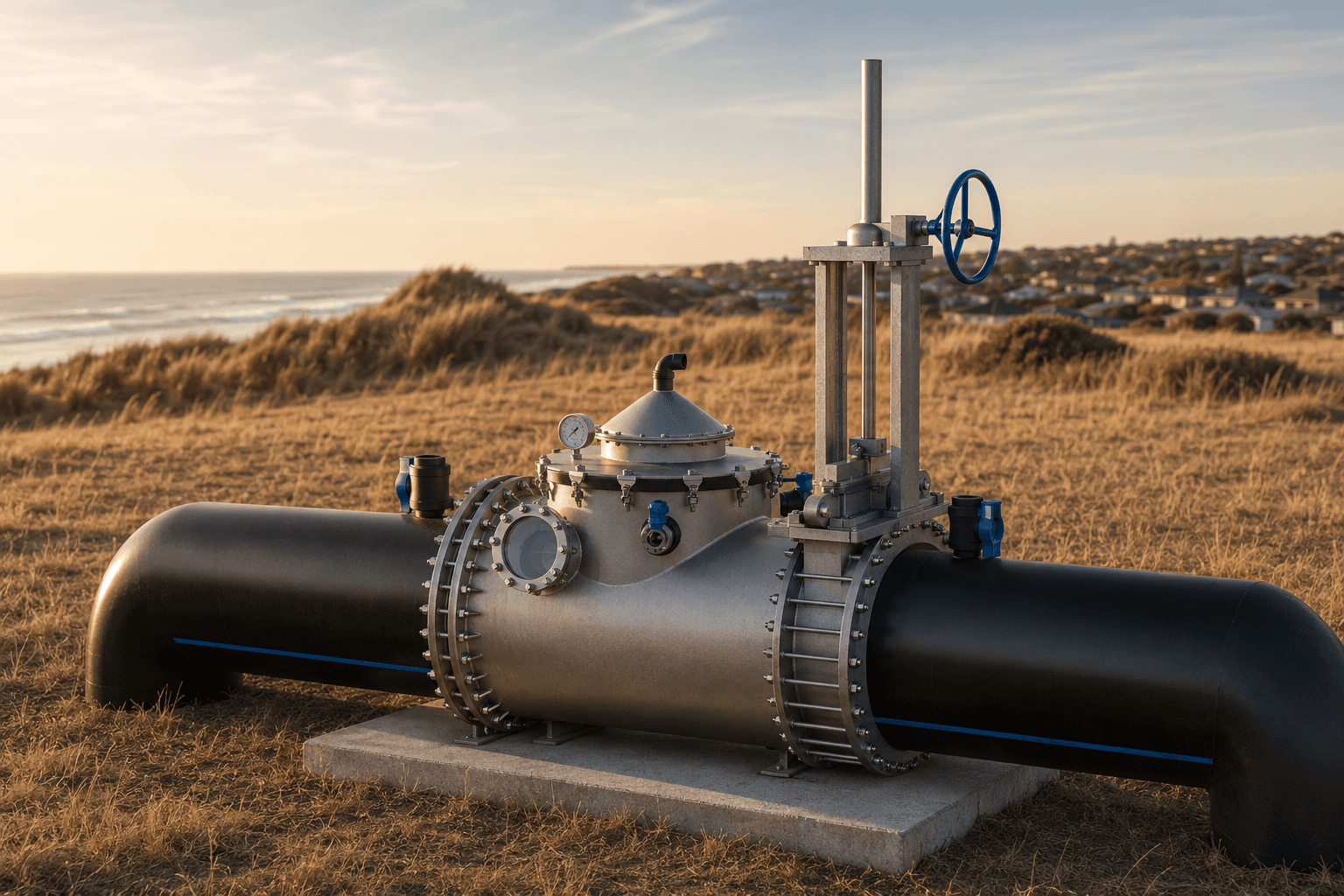 Rendered 1000 mm Water Siphon manifold on a coastal grass site near houses and dunes.
