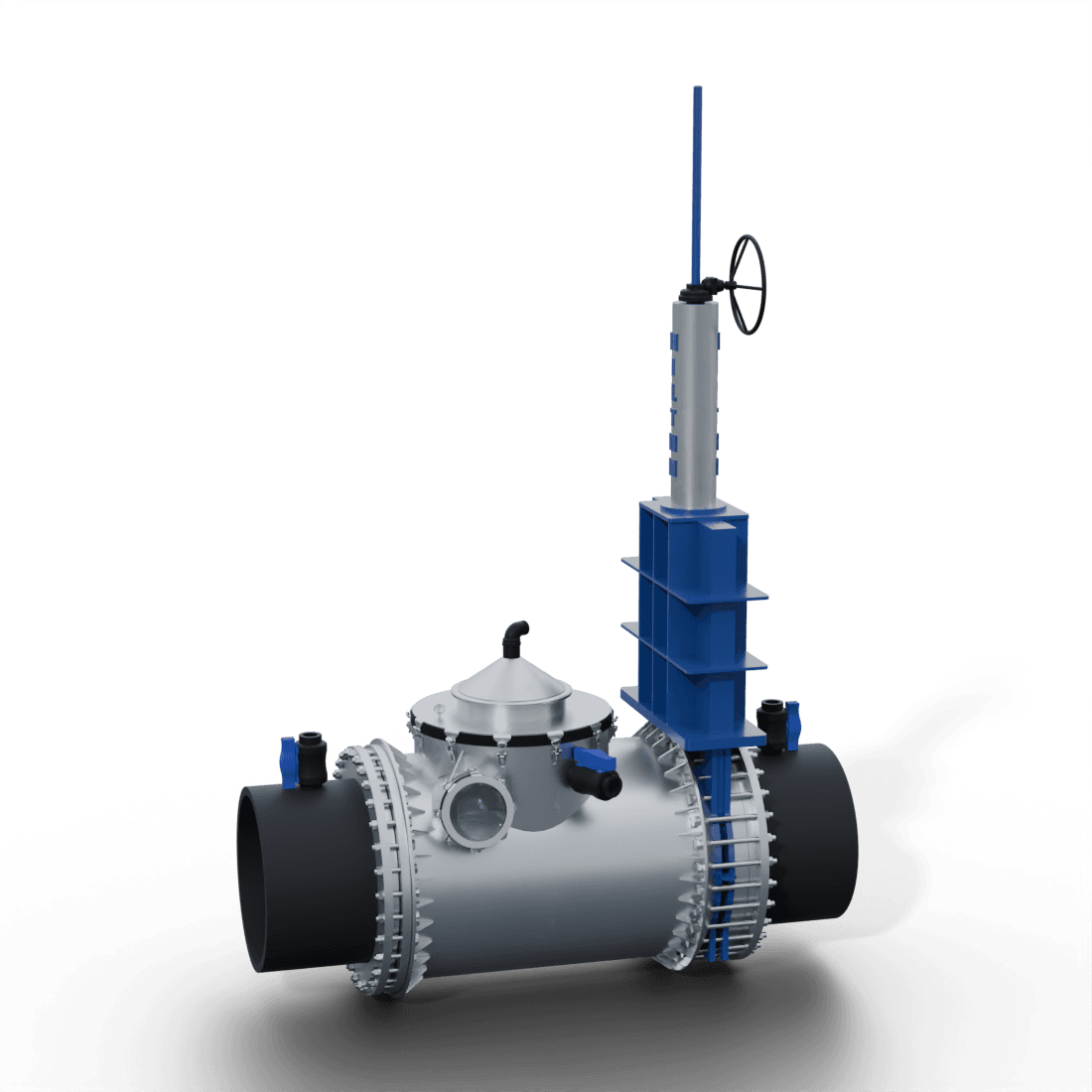The 1000 mm Siphonic Transfer Unit, with a tall rising valve stem, handwheel and heavy flange rings.