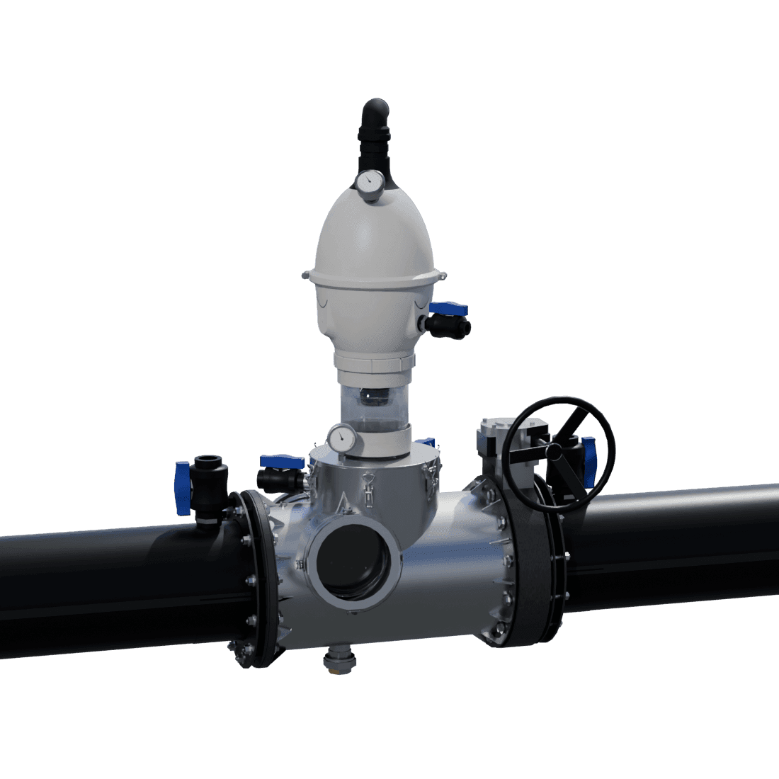 Registered 225 mm Siphonic Transfer Unit: hydraulic primer dome with gauge and bellows above the manifold body and inspection port, gear-driven butterfly isolation valve with handwheel on the outlet side, and HDPE stubs at both ends.