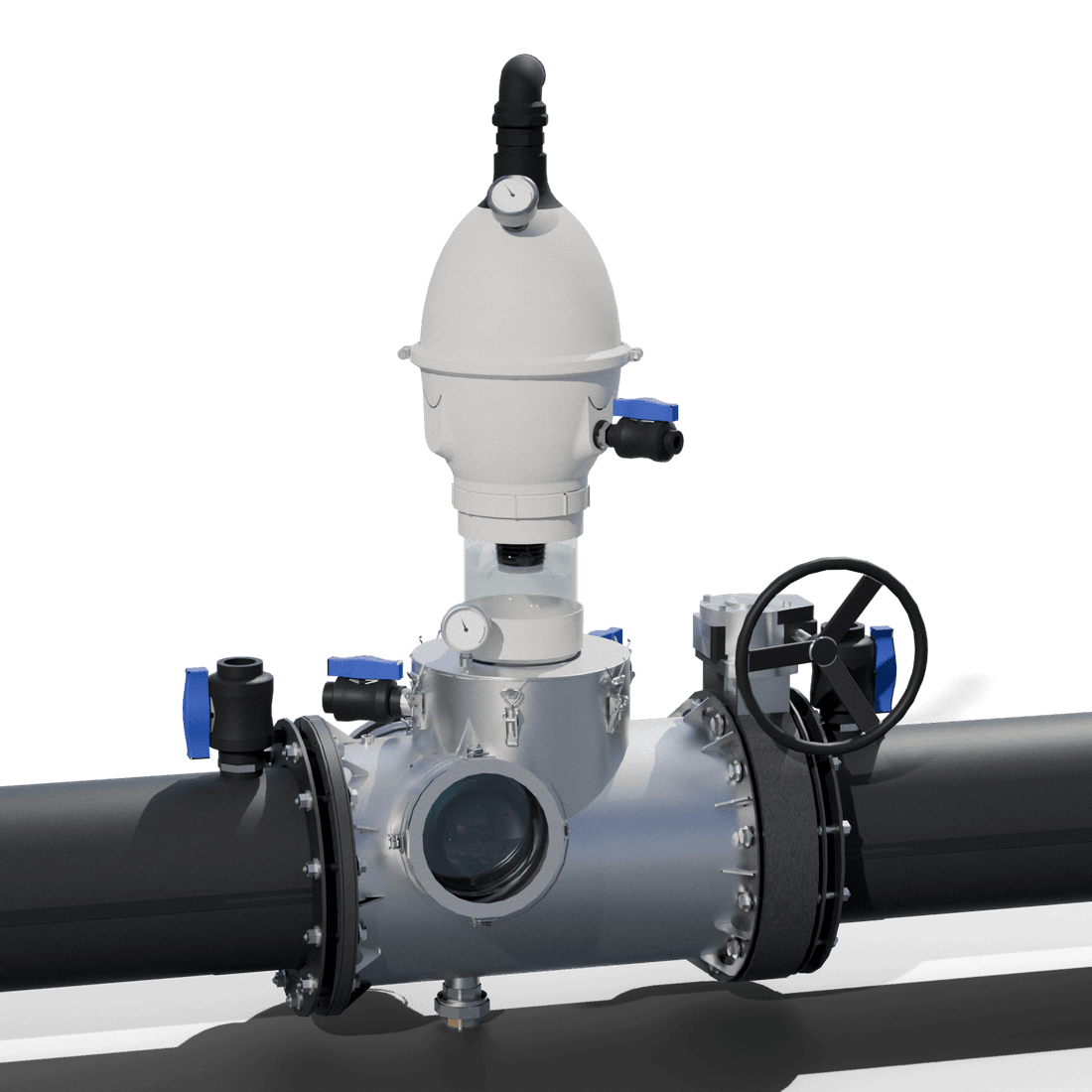 The 225 mm Siphonic Transfer Unit: stainless body with the priming chamber mounted above it, a gear-driven butterfly valve and pipe stubs to either side.