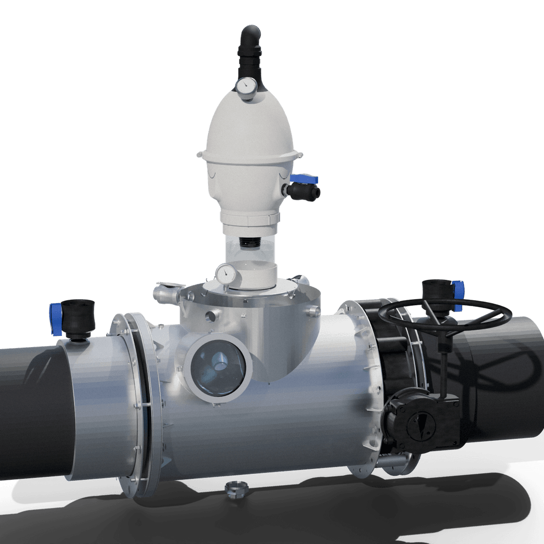 The 400 mm Siphonic Transfer Unit: stainless manifold with its priming chamber and gauge above, a gear-driven butterfly valve with handwheel, and flanged connection spools to either side.