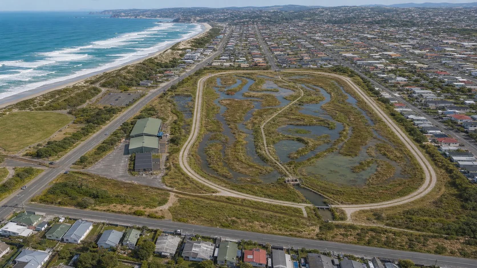 Aerial concept visual of Forbury Park reworked as an engineered wetland and storm detention pilot beside Ocean Beach.