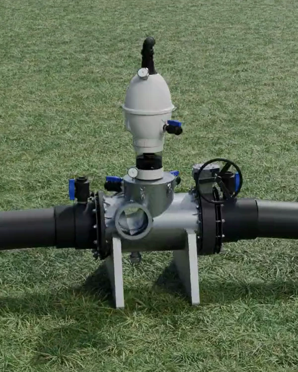 Siphonic Transfer Unit with primer above the manifold and the gear-driven isolation valve on the right.