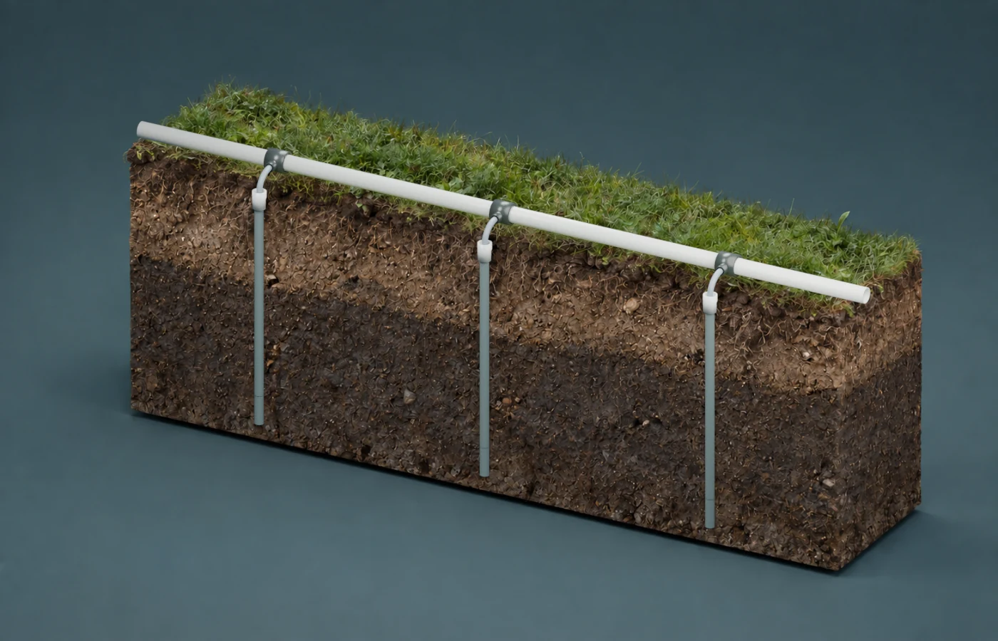 Three distributed spear intakes in a continuous soil section, connected by flexible fittings to a shared collection pipe.