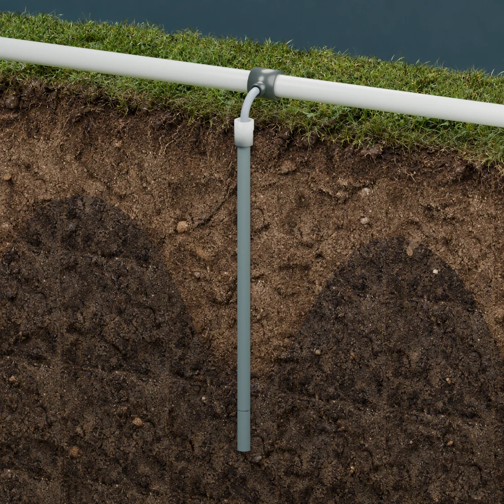 Close-up of one spear straw, showing its connection to the common pipe, top collar and lower intake position within the soil section.
