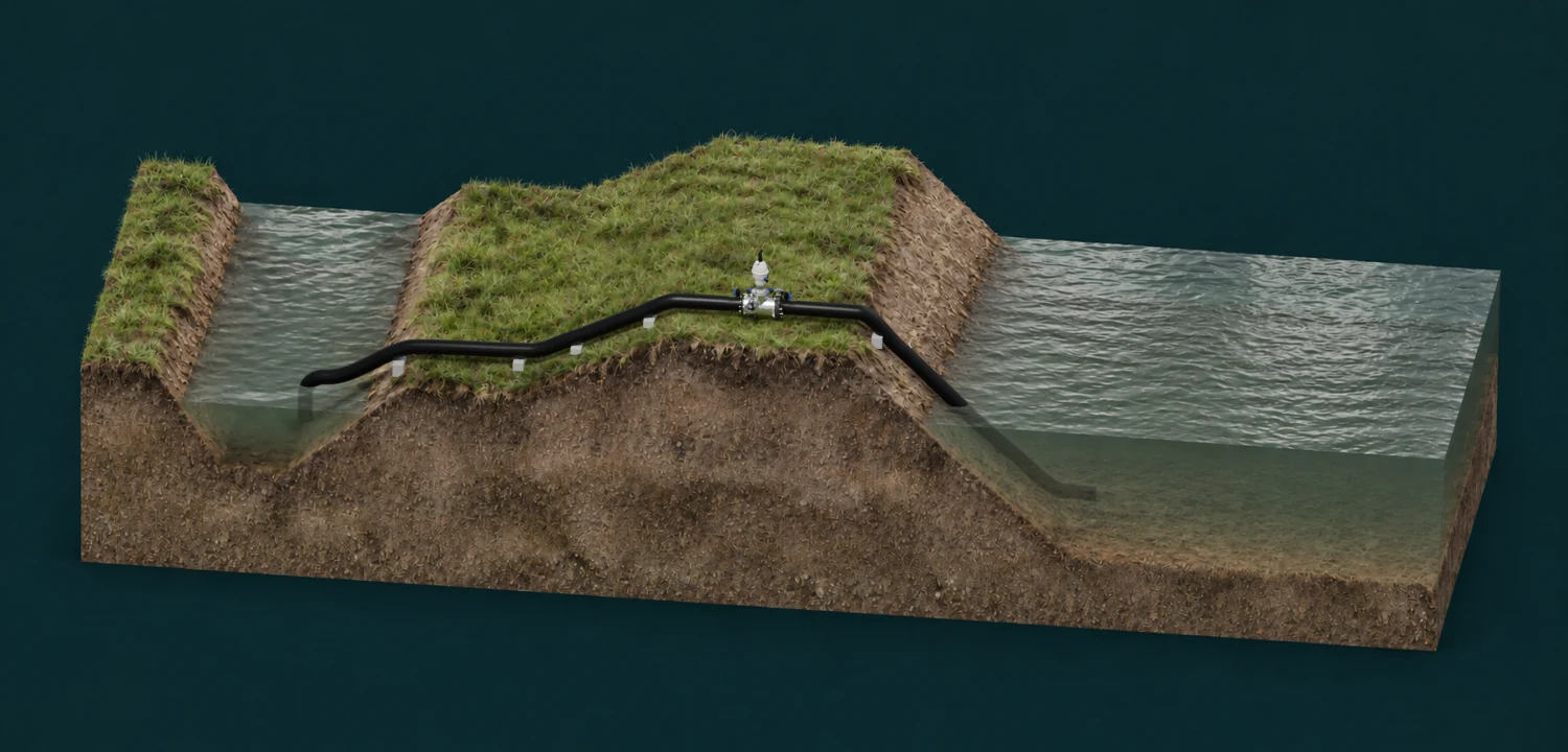 The same section with tidal water now above the inland drain. Reverse flow through the unit is stopped by its internal non-return flap; that internal mechanism is not shown.