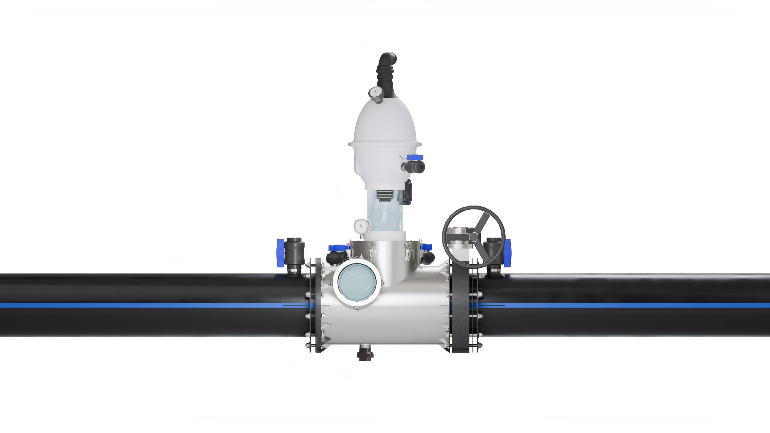 Water Siphon crest assembly with vacuum dome, priming chamber, pressure gauge, sight window, manifold body, and gear-driven valve.