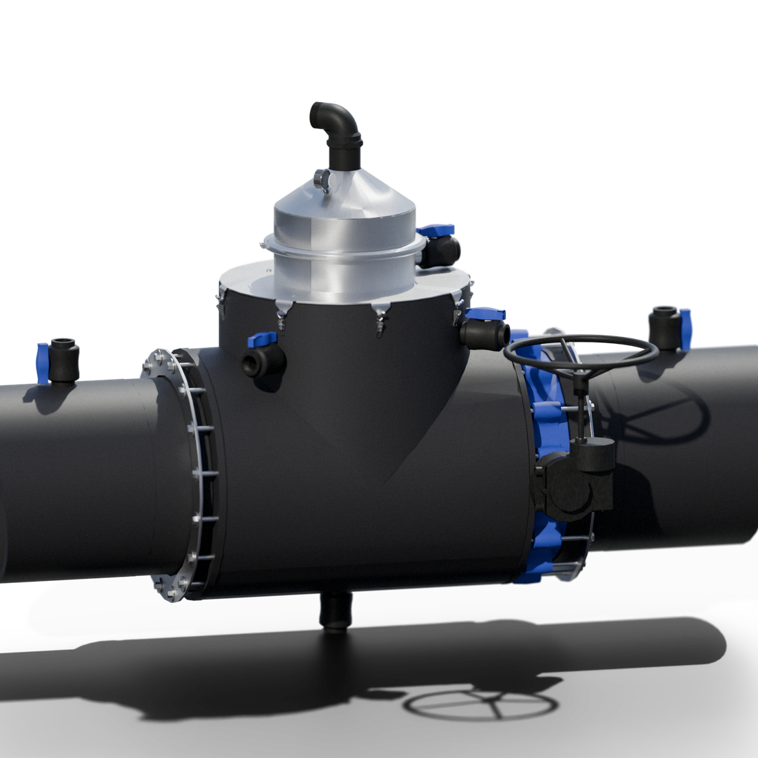 The 600 mm Siphonic Transfer Unit: polyethylene manifold body with a stainless dome cap, bolted flanges and short connection spools.
