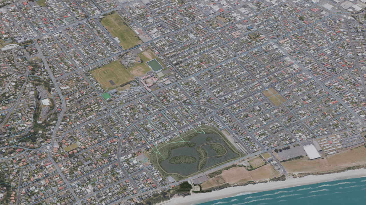 South Dunedin network view with named storage locations and historical inlet routes.
