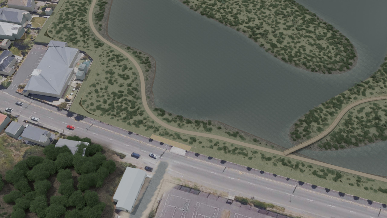 Approach toward the Forbury wetland and underwater intake.
